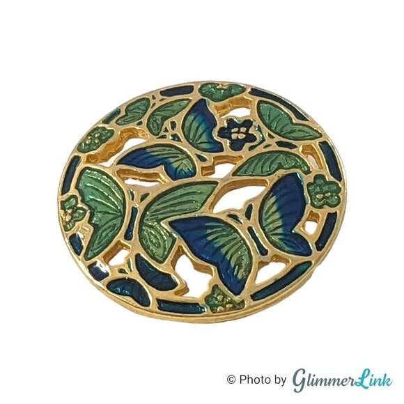 Vintage Butterflies Blue & Green Cloisonné Enamel Gold Tone Round Brooch - Picture 2 of 9